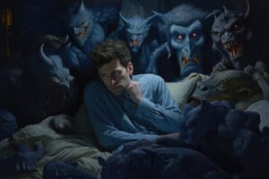 Nightmare's Embrace: Man Struggling to Sleep Amidst Demons - Battling Restless Nights and Haunting Dreams