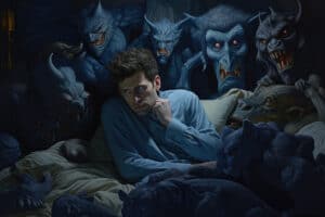 Nightmare's Embrace: Man Struggling to Sleep Amidst Demons - Battling Restless Nights and Haunting Dreams 