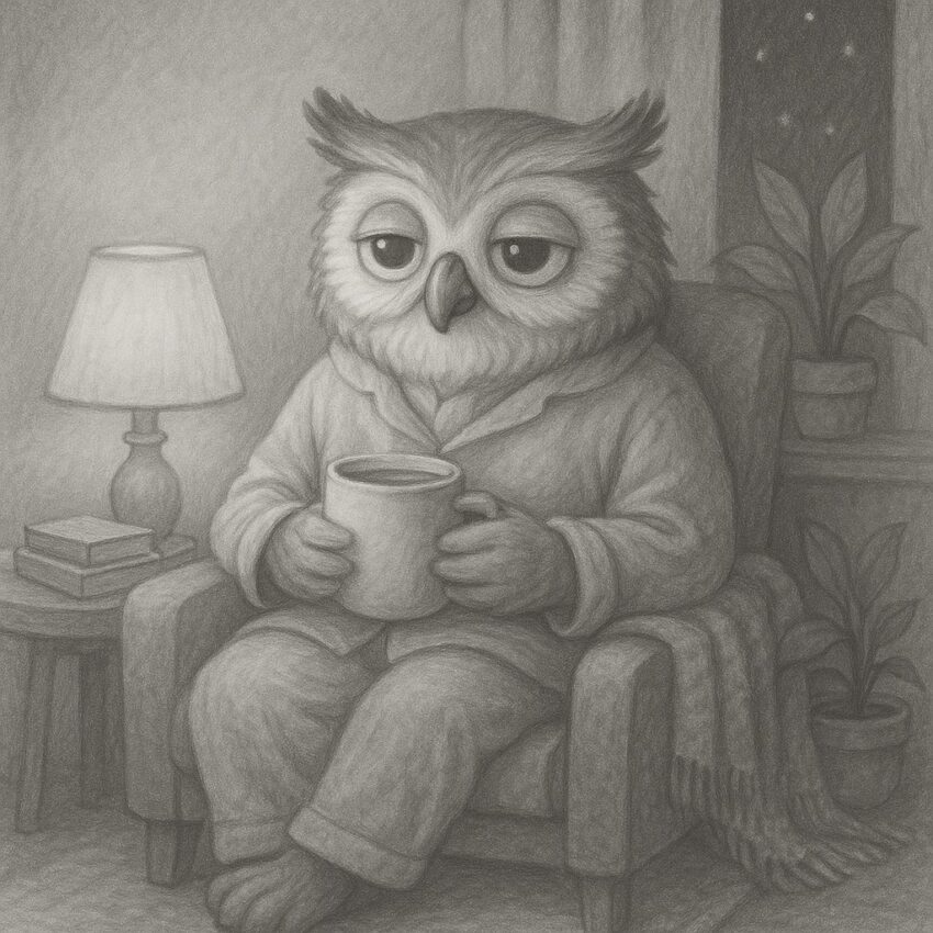 night owl in pajamas staying up late in comfy chair holding a warm mug, with a lamp, books and a starry window in background